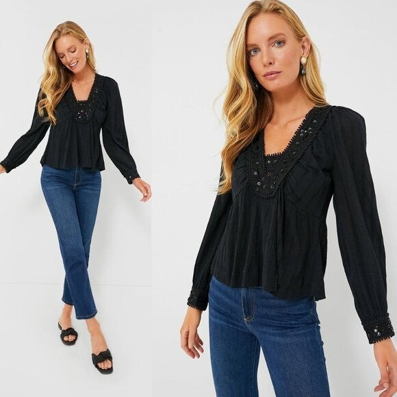 Sea New York NEW Charlotte Black Embellished Long Sleeve V Neck Top Size XS